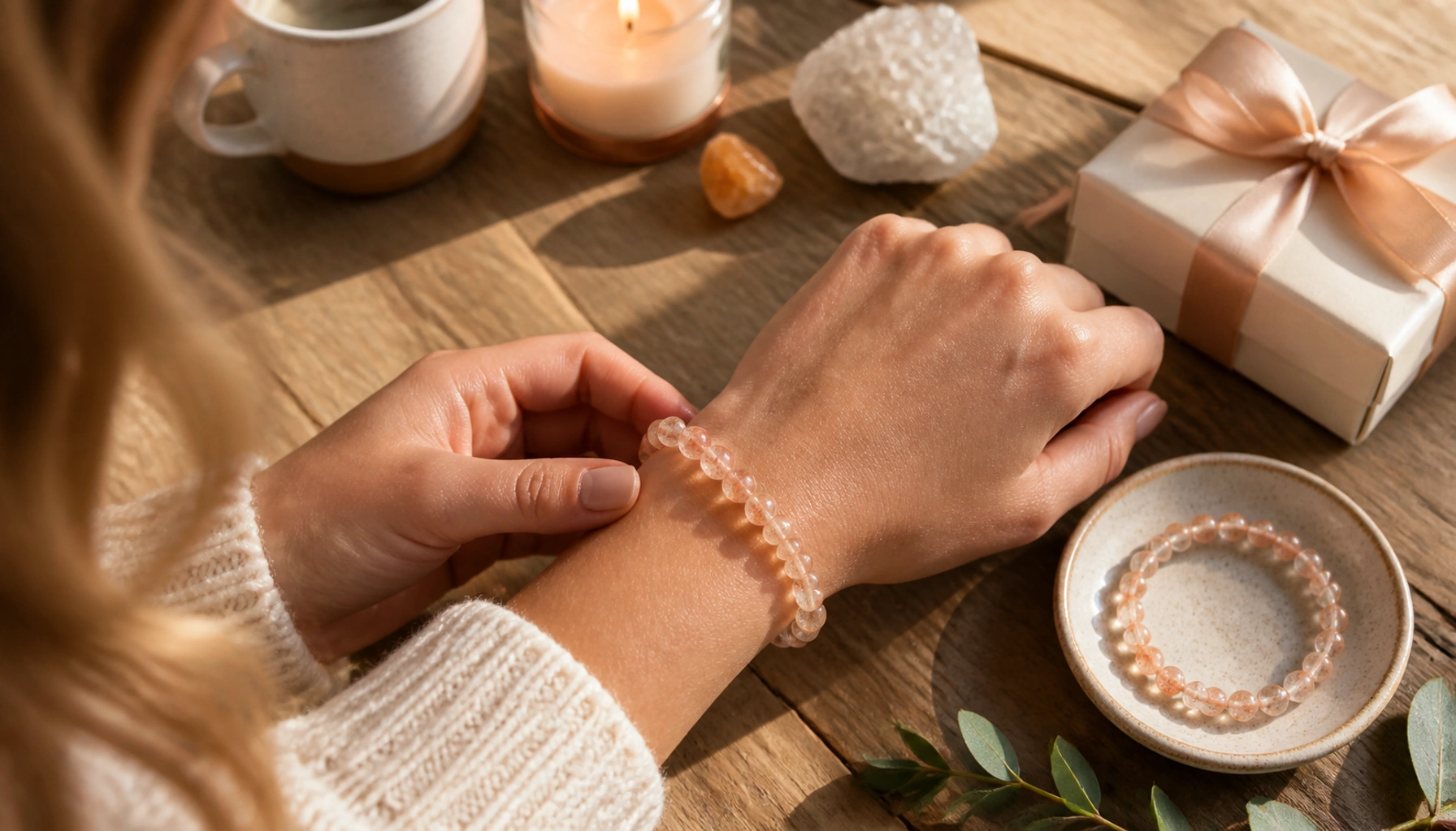 Sunstone bracelet adjusted beside a wrapped gift and crystal dish