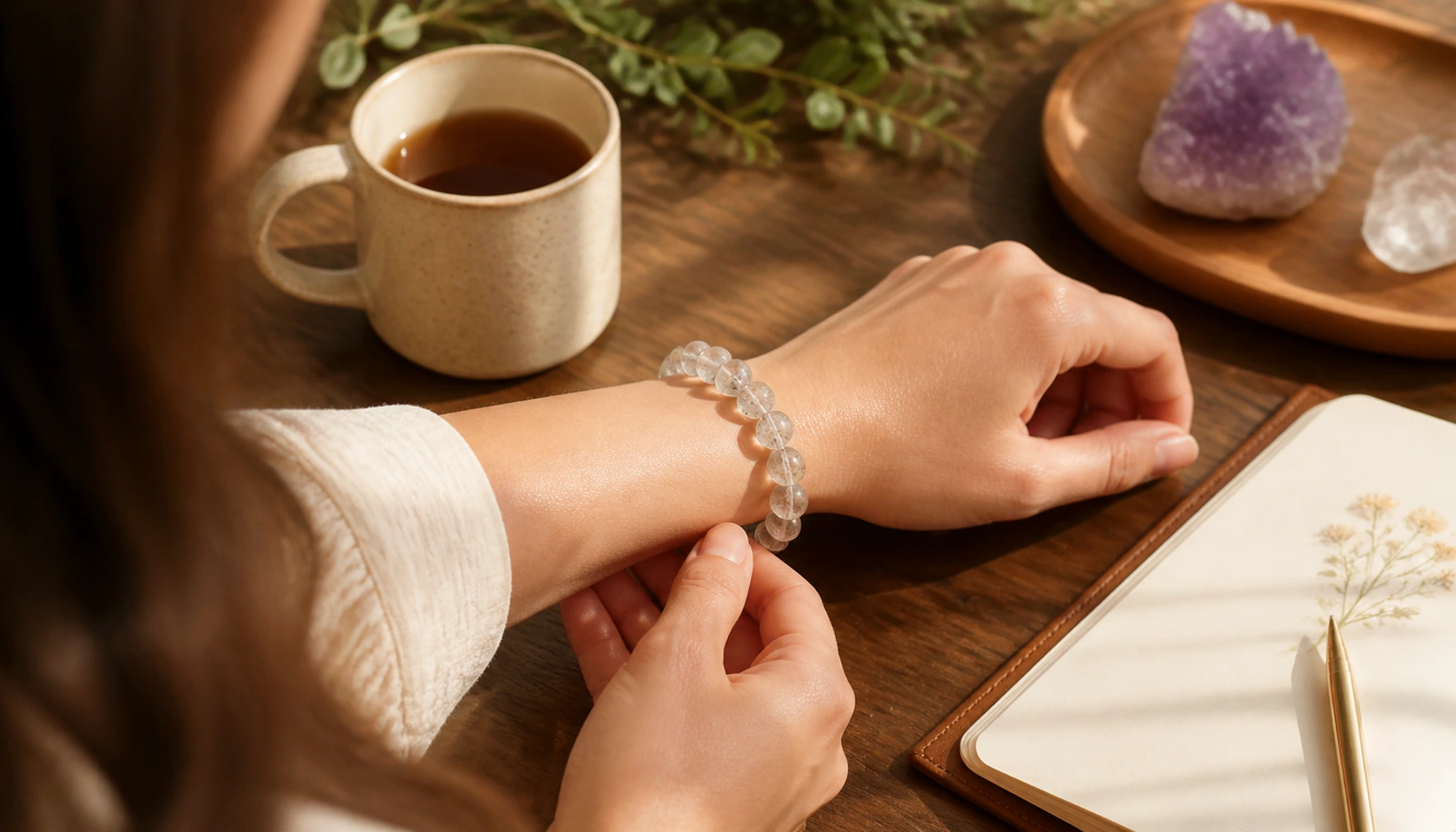 Clear quartz bracelet on wrist beside an amethyst cluster