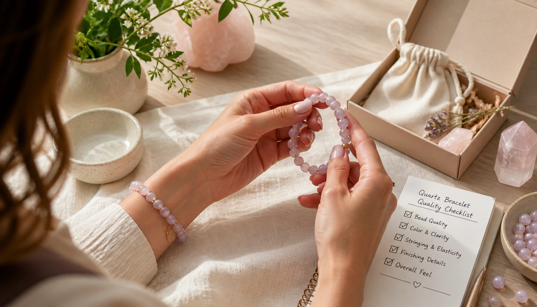 Woman inspecting a pink quartz bracelet beside handwritten notes