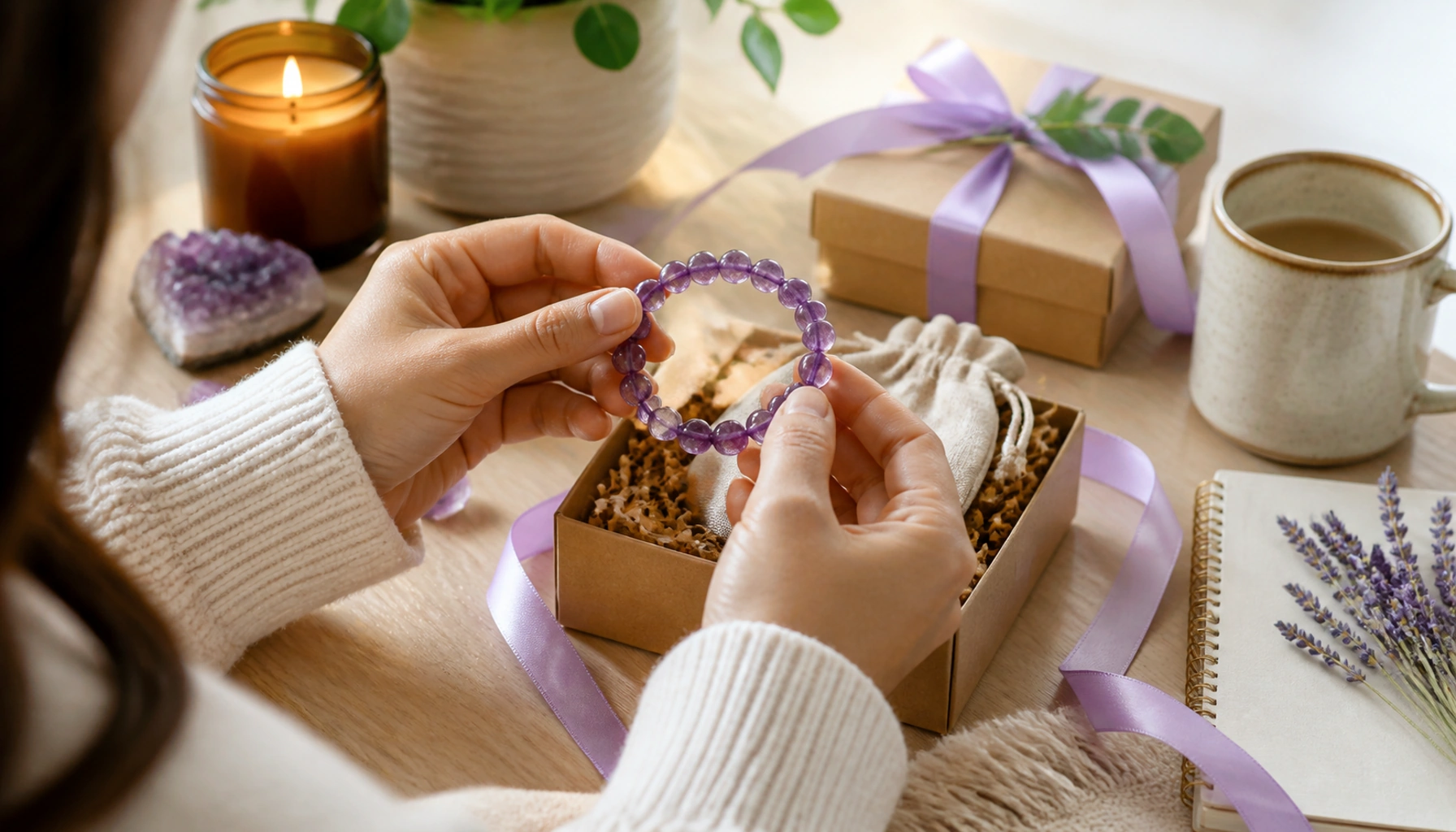 Woman unboxing purple crystal bracelets beside a wrapped gift