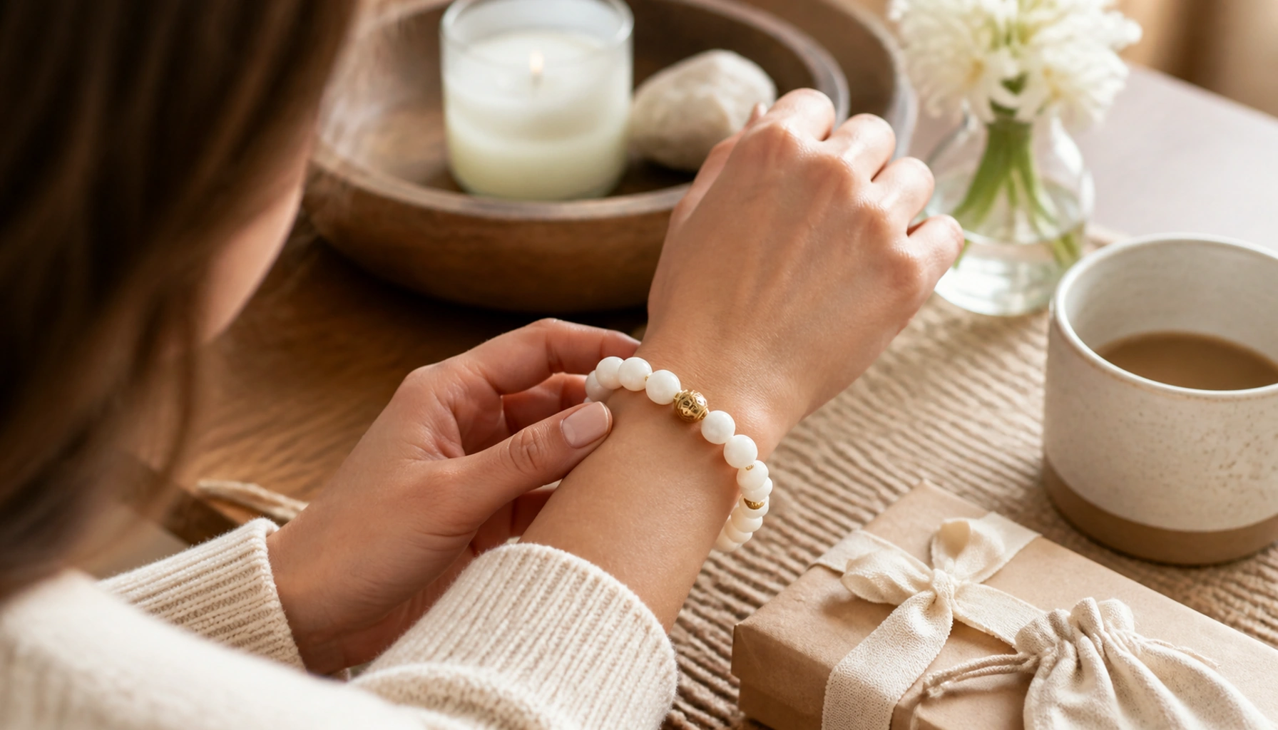 Pale stone bracelet worn beside ribbon and gift wrapping
