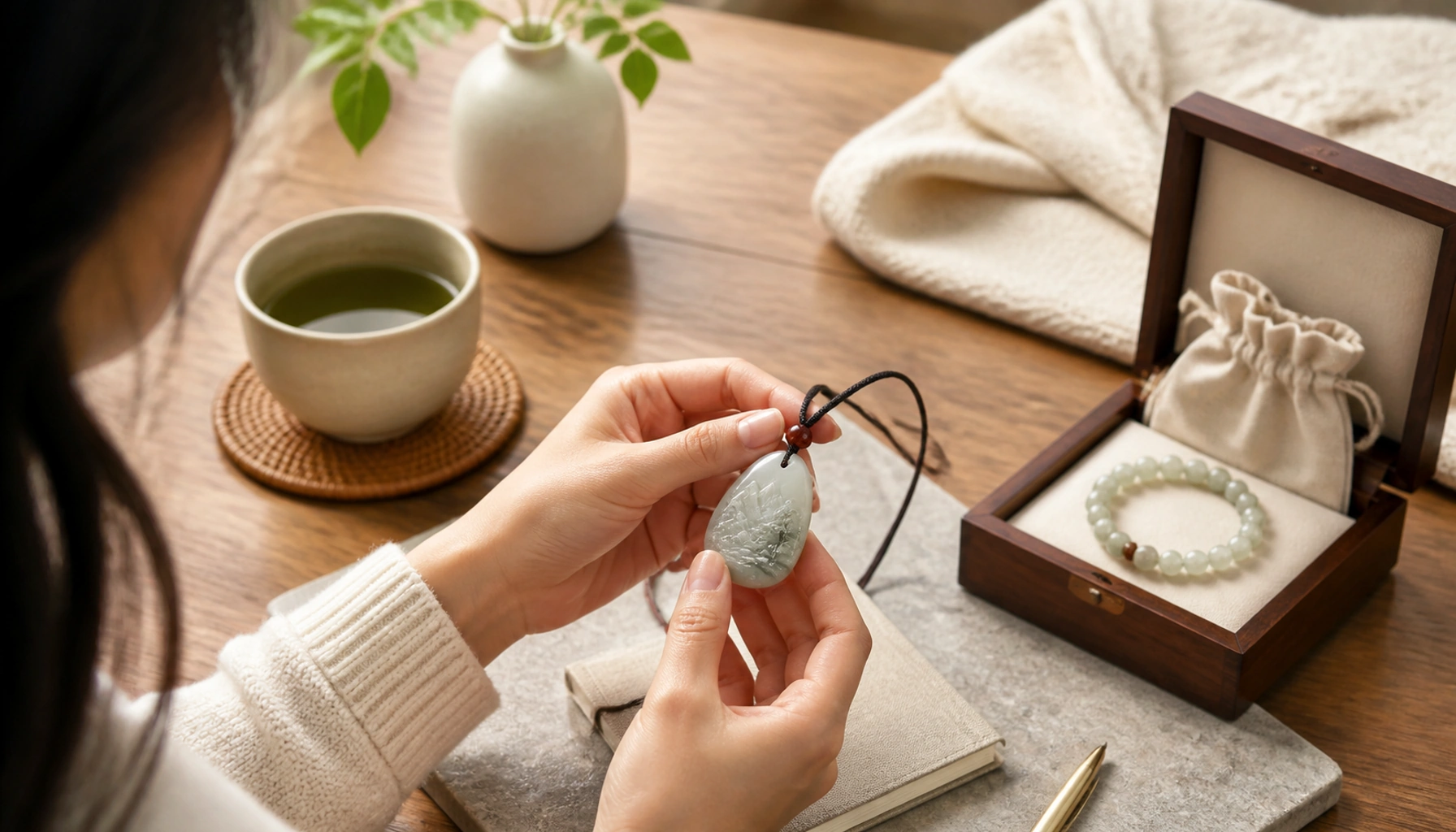 Woman holding a carved jade landscape pendant over its case