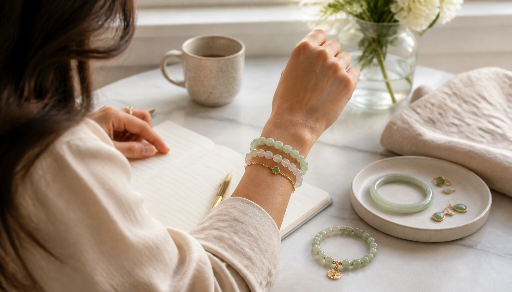Stacked pale jade bracelets worn during a quiet writing moment