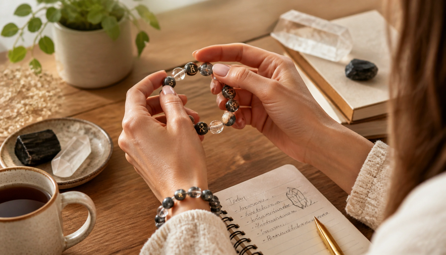 Woman examining a dark obsidian and quartz bracelet
