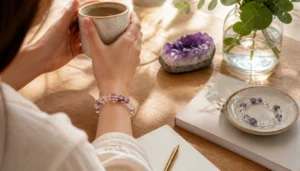 Purple crystal bracelet worn beside amethyst and a jewelry dish