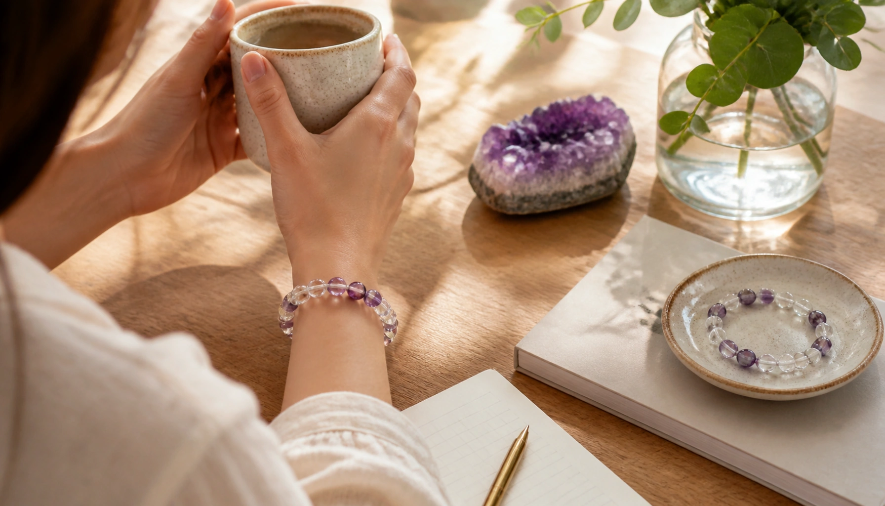 Purple crystal bracelet worn beside amethyst and a jewelry dish