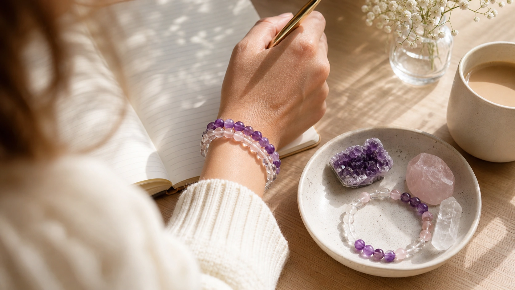 Purple quartz bracelet worn beside amethyst and rose quartz