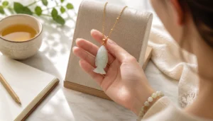 Carved pale jade fish pendant held against a notebook