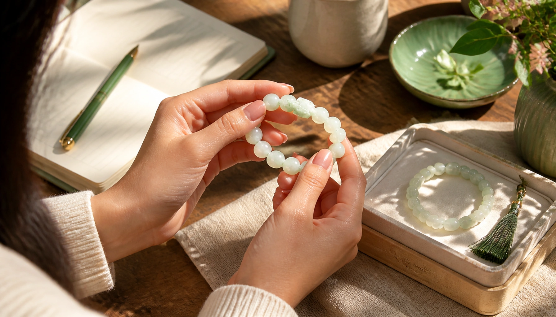 Woman examining a multicolor jade bracelet at a sunlit table
