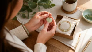 Woman checking a carved jade heart pendant and bracelet