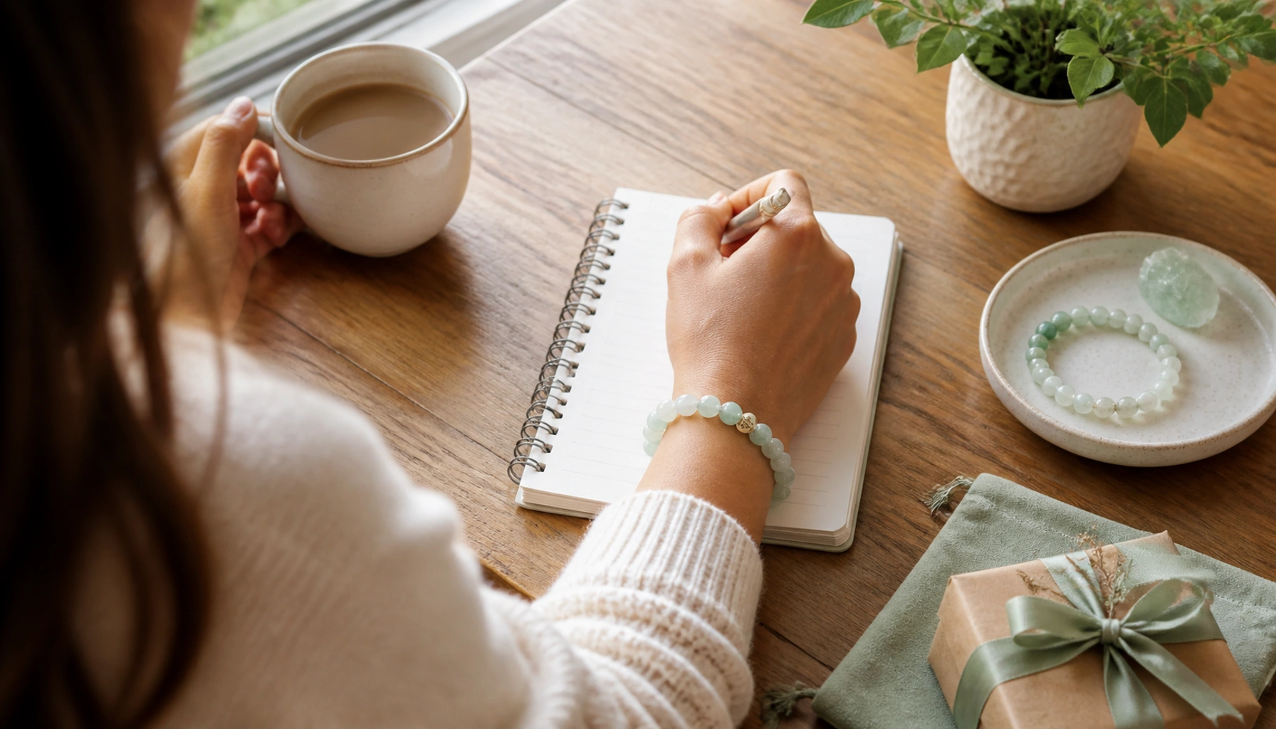 Pale green jade bracelet worn while writing at a desk