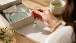 Woman lifting a green jade pendant from a gift box