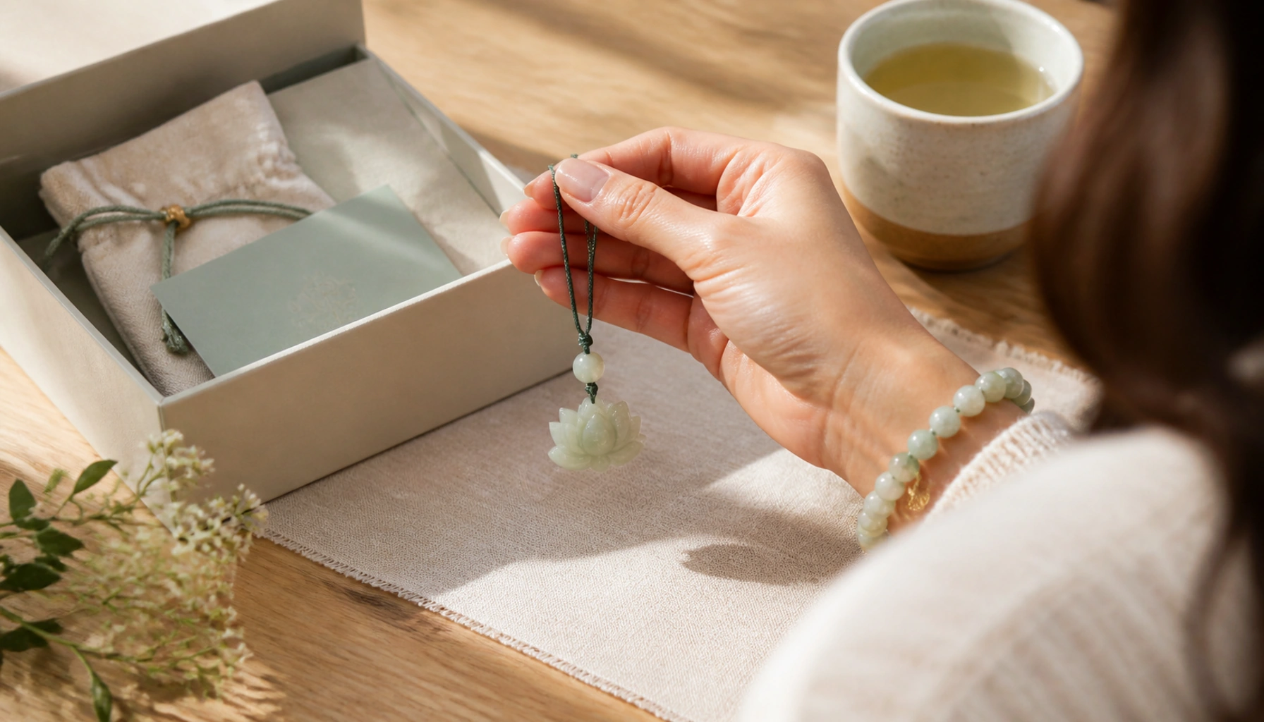 Woman lifting a green jade pendant from a gift box