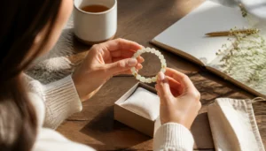 Woman holding a pale yellow bracelet over an open box