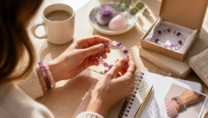 Woman examining an amethyst bracelet beside its gift box