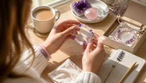 Woman arranging purple crystal bracelets in an open gift box