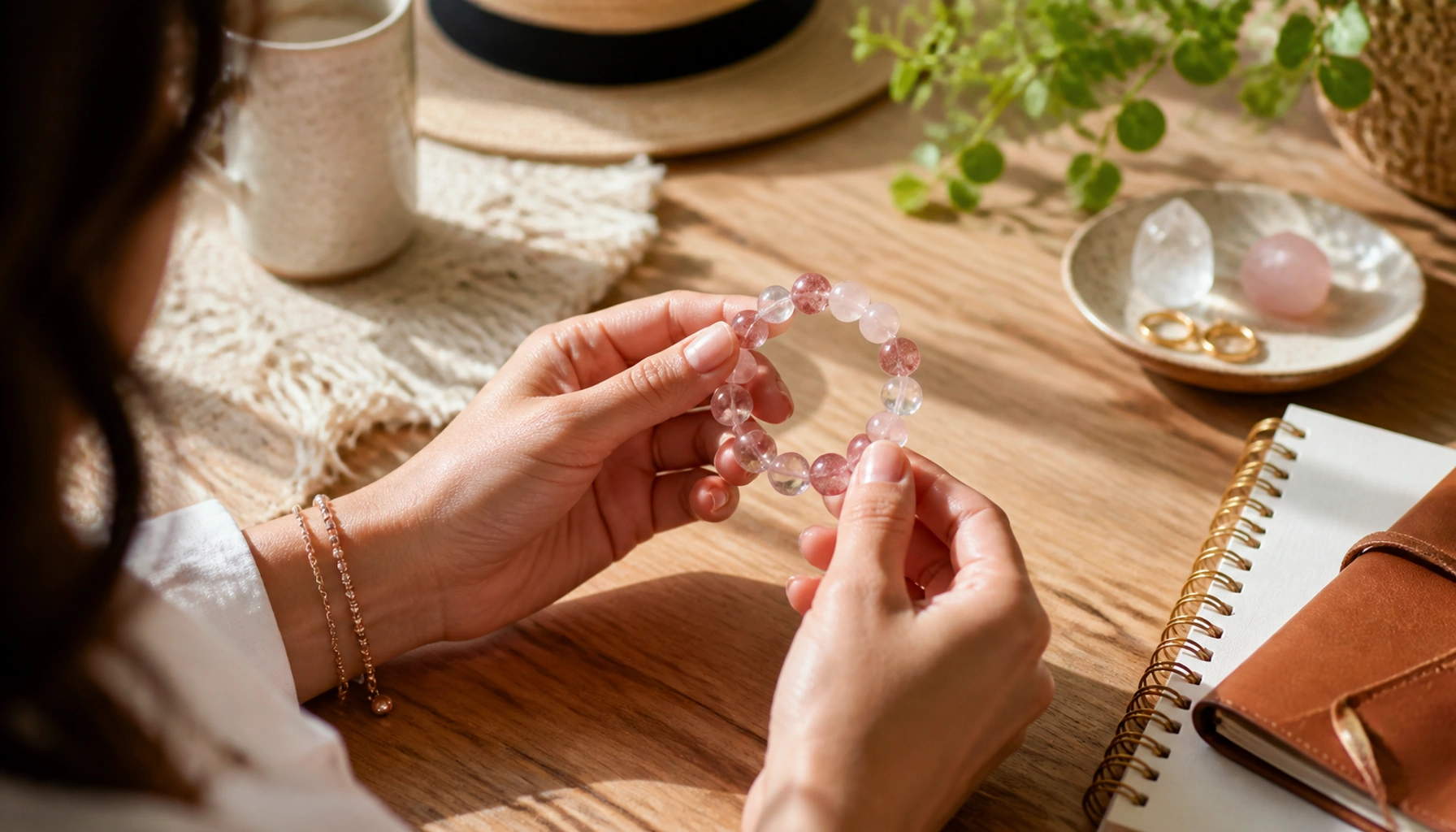 Woman inspecting a pink crystal bracelet beside a notebook
