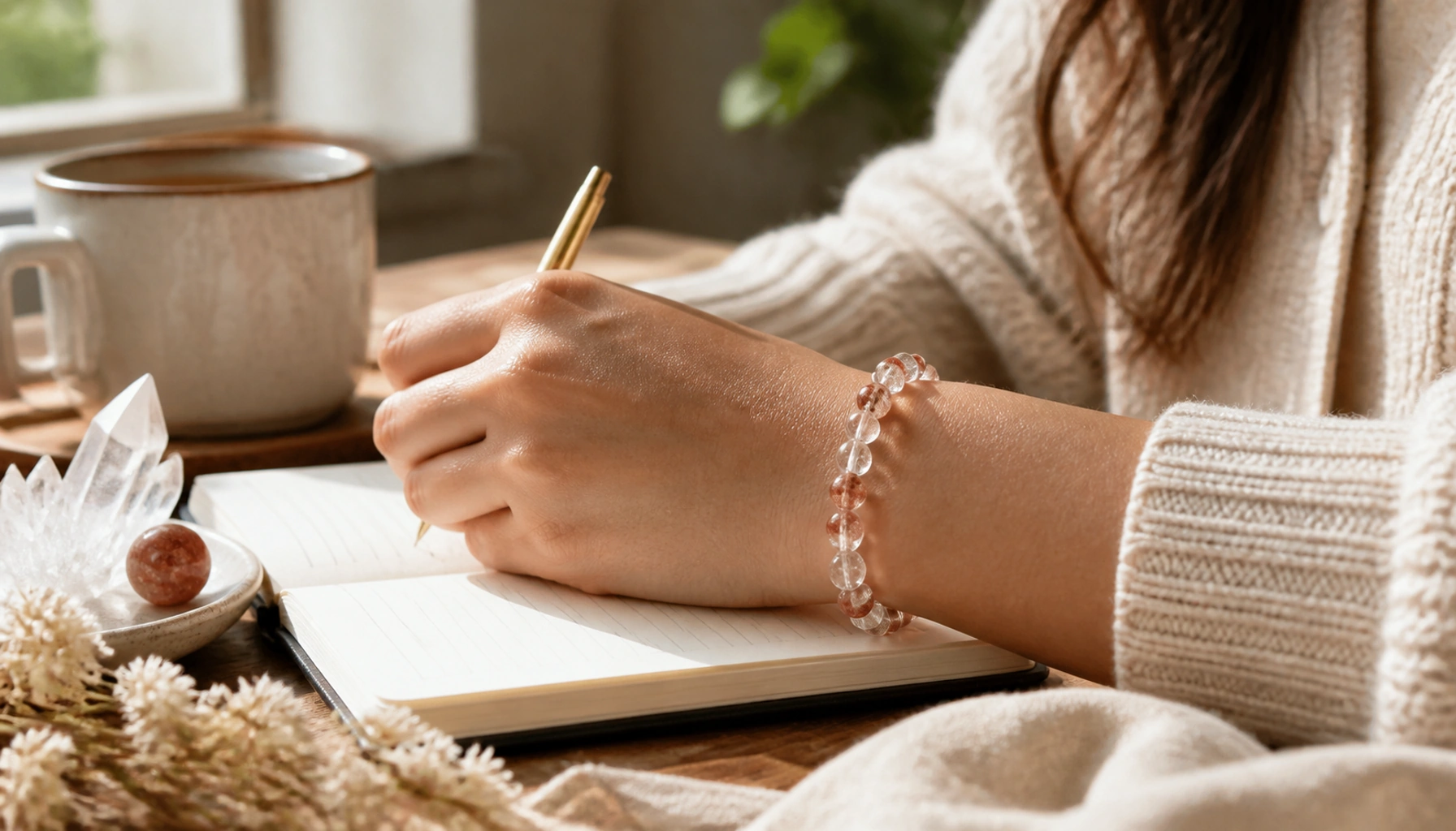 Delicate clear quartz bracelet worn while writing in a notebook