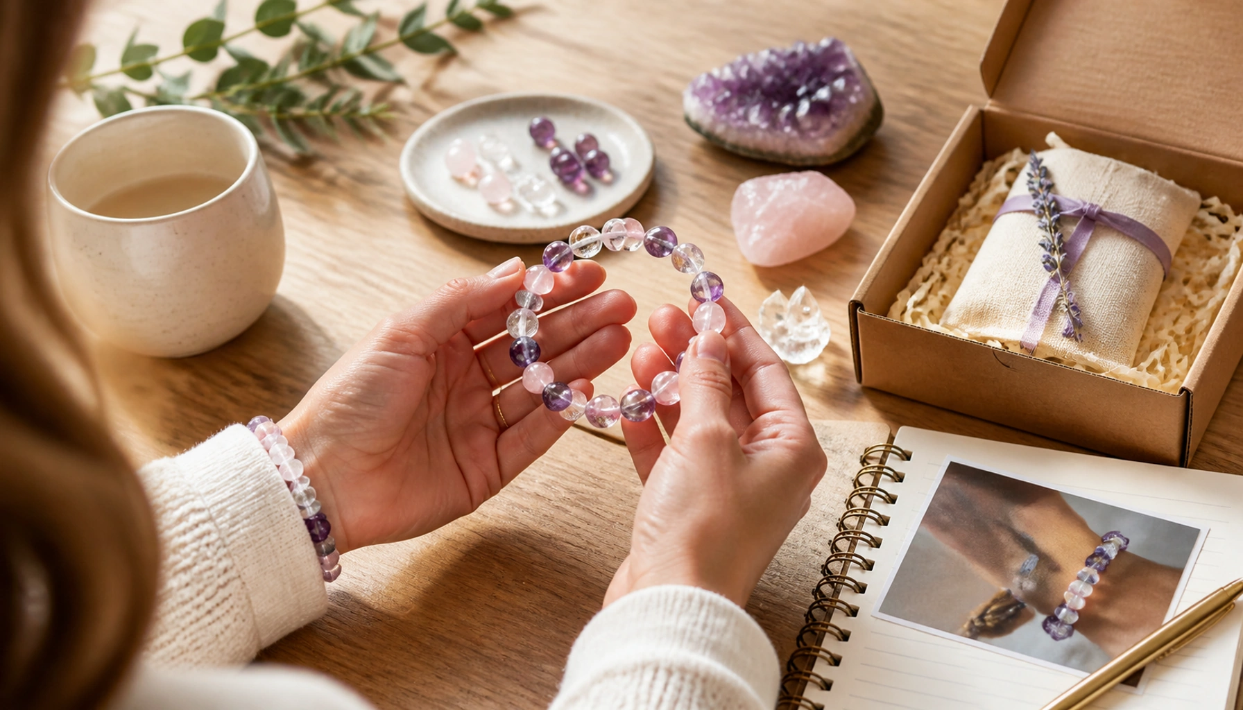 Woman checking a purple quartz bracelet over an open box