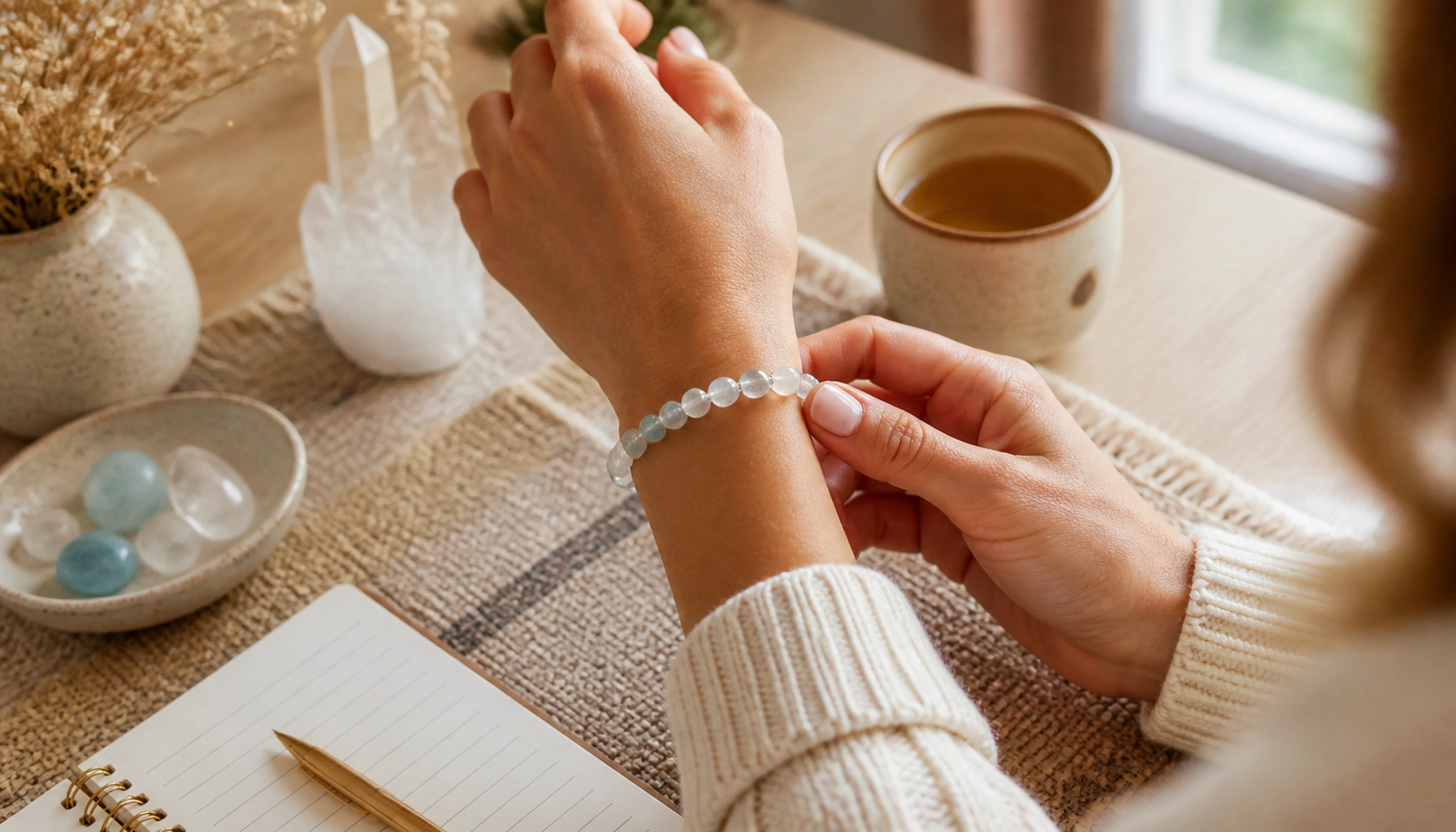 Woman fastening a pale blue moonstone bracelet at a desk