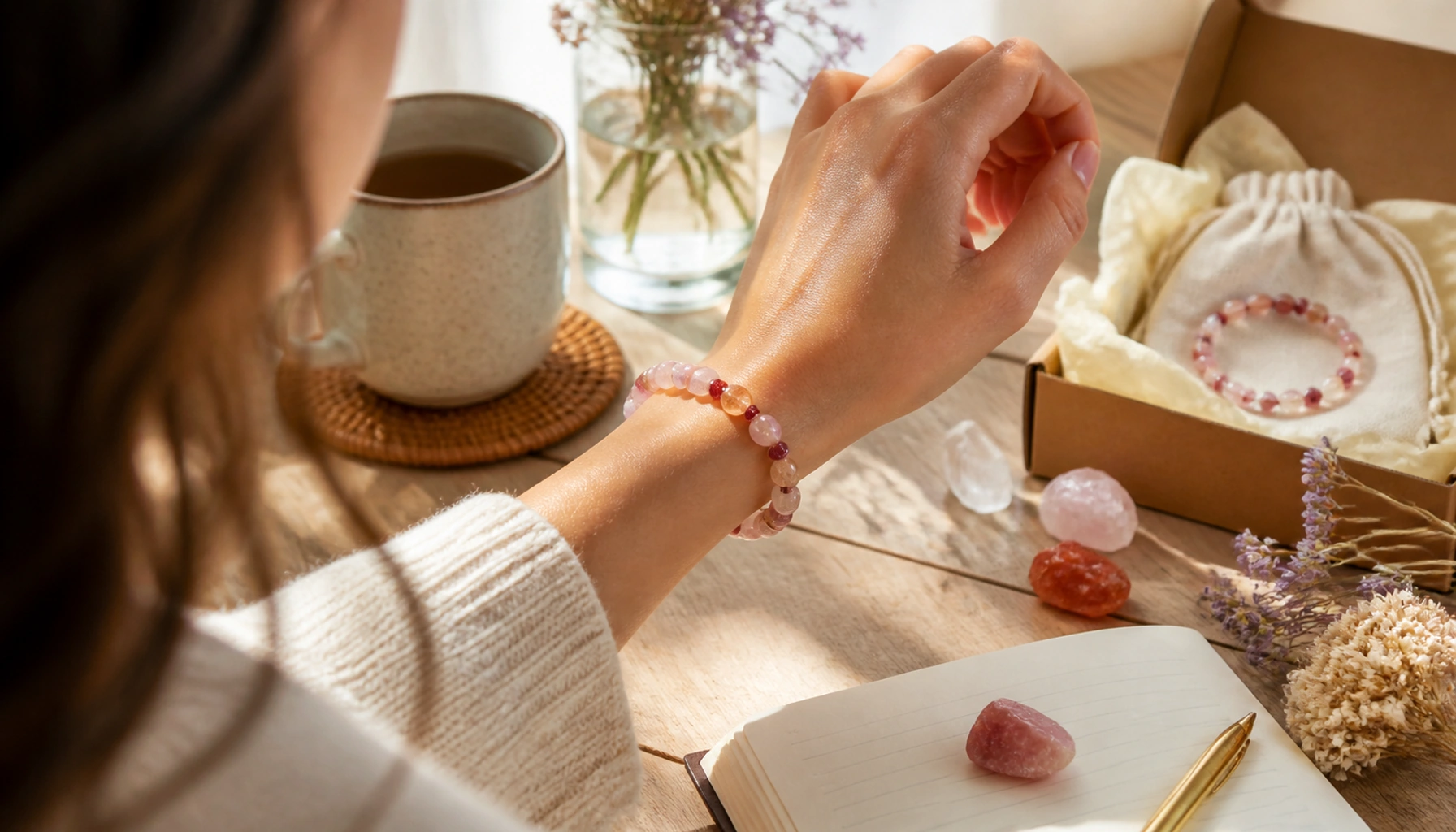 Sunstone bracelet worn beside an open jewelry box