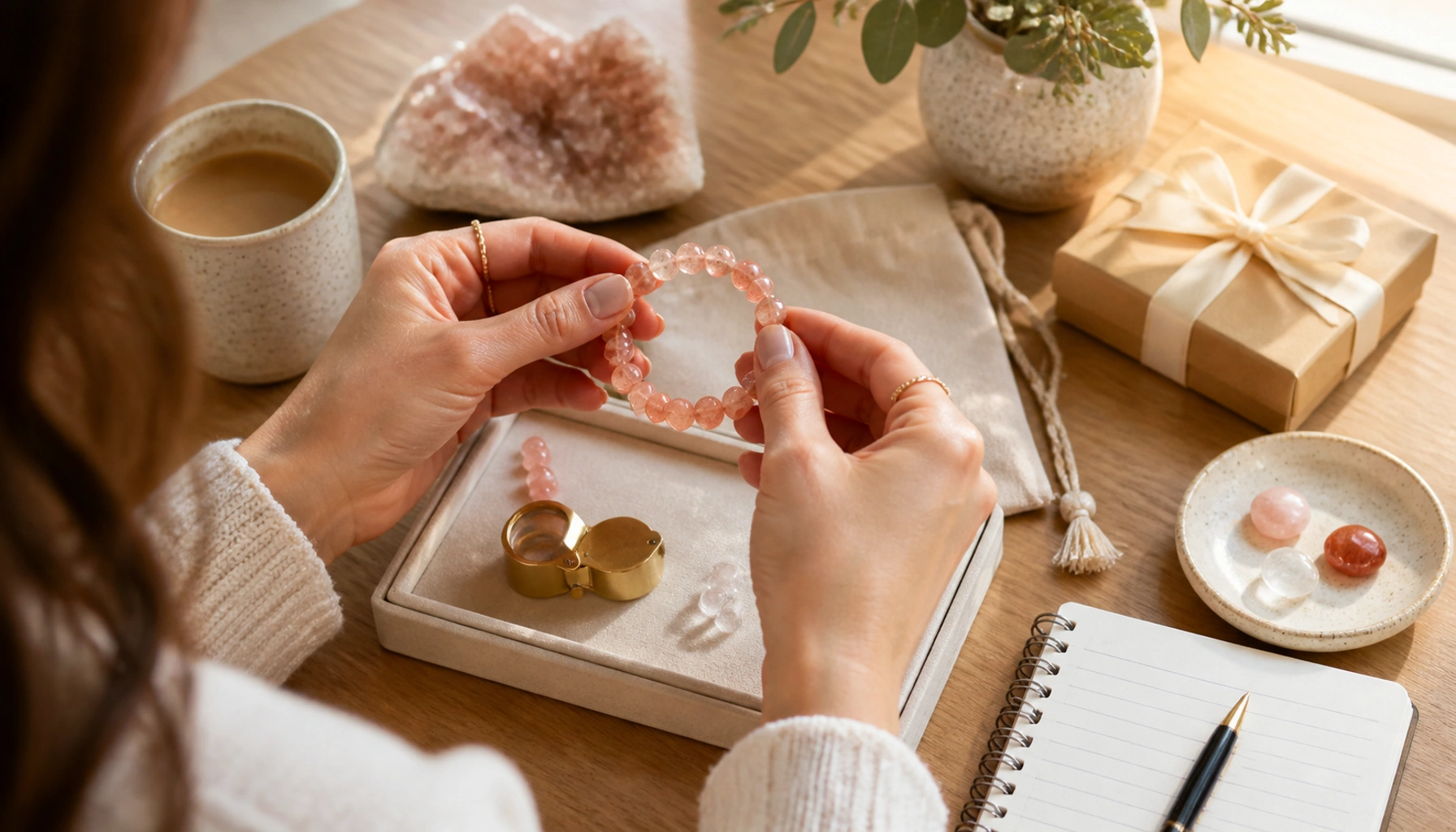 Woman examining a peach moonstone bracelet beside gift packaging